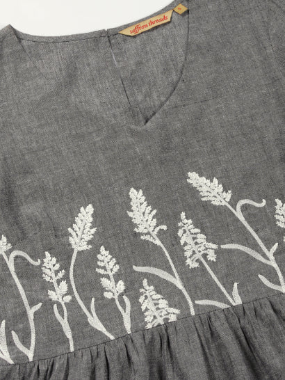 Melange Grey Boho Midi Dress with Yoke Embroidery