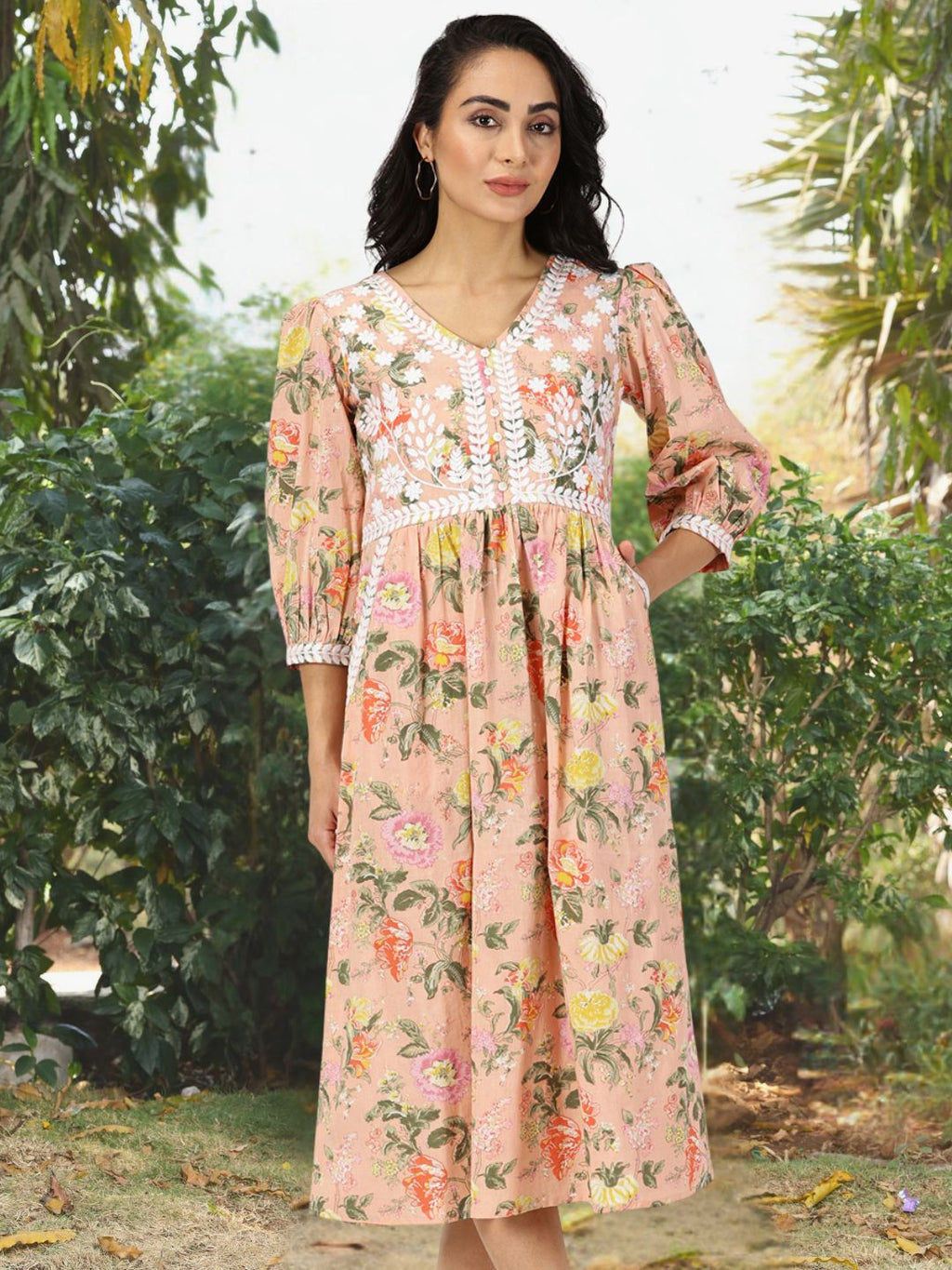 Peach Floral Print Midi Dress with Chikankari Embroidery