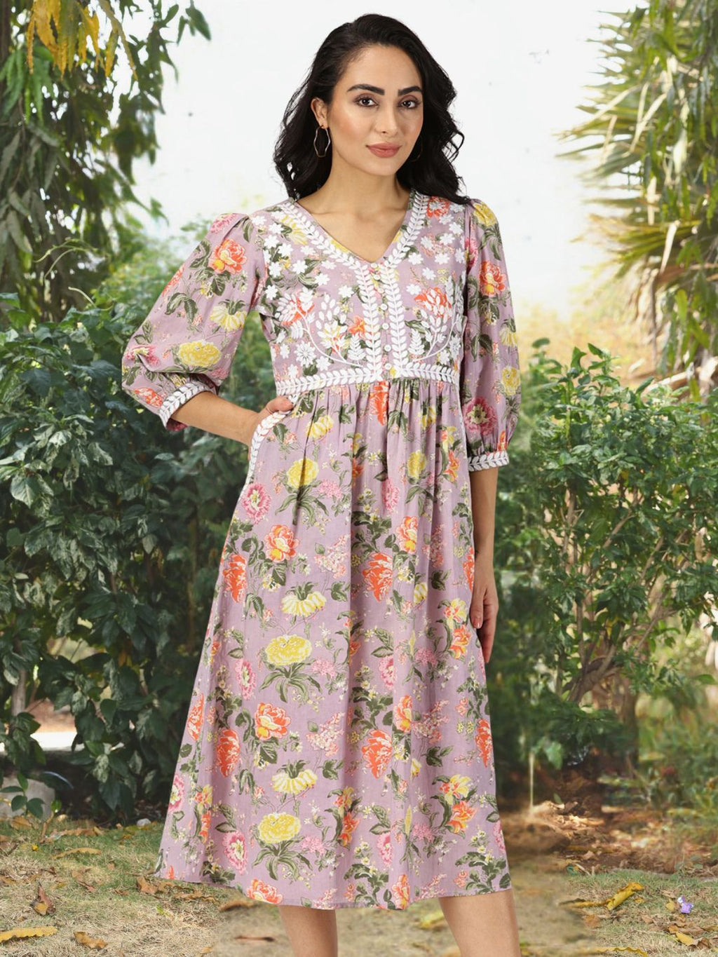 Lilac Floral Print Midi Dress with Chikankari Embroidery