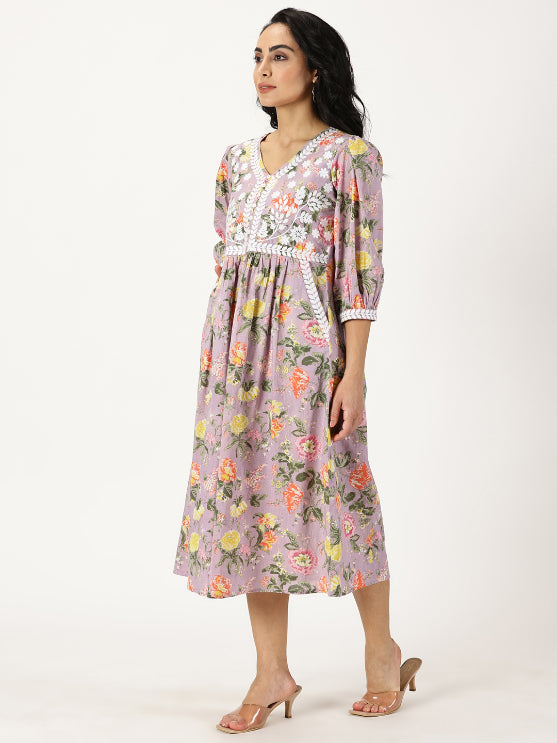 Lilac Floral Print Midi Dress with Chikankari Embroidery