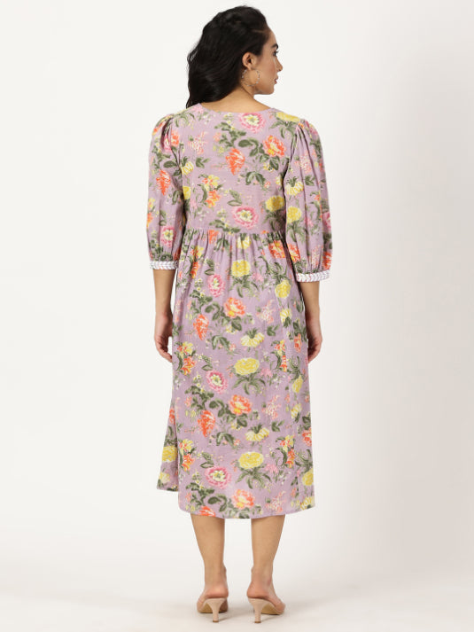 Lilac Floral Print Midi Dress with Chikankari Embroidery