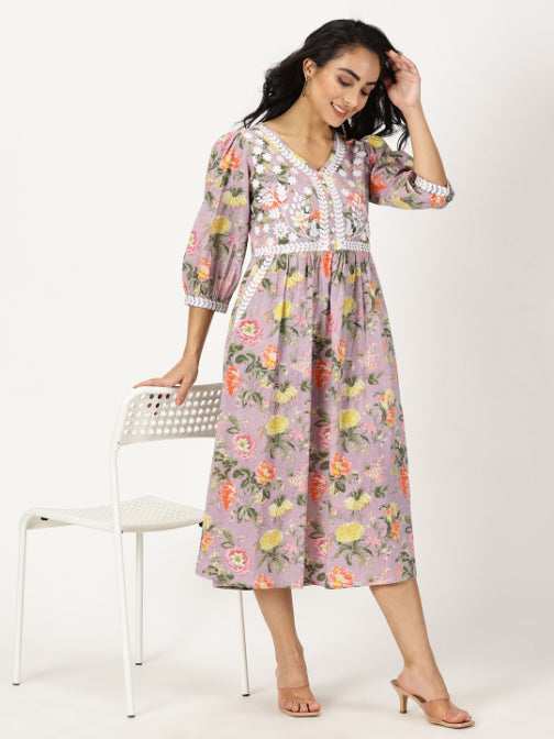 Lilac Floral Print Midi Dress with Chikankari Embroidery