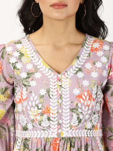 Lilac Floral Print Midi Dress with Chikankari Embroidery