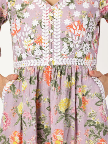 Lilac Floral Print Midi Dress with Chikankari Embroidery