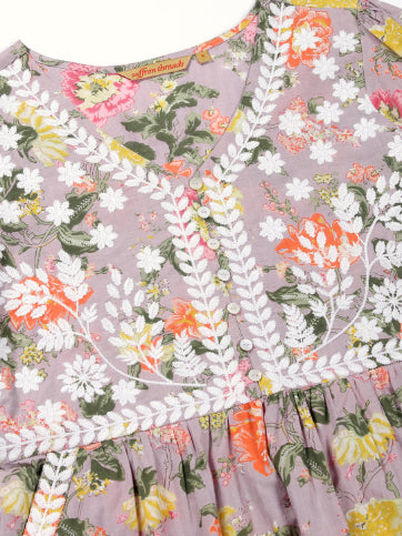 Lilac Floral Print Midi Dress with Chikankari Embroidery