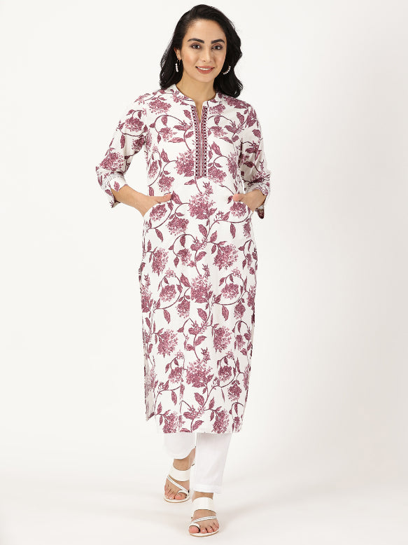 White-Wine Floral Print Kurta  with Neck Embroidery