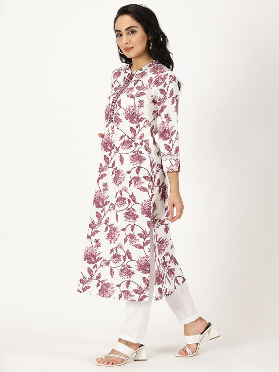 White-Wine Floral Print Kurta  with Neck Embroidery