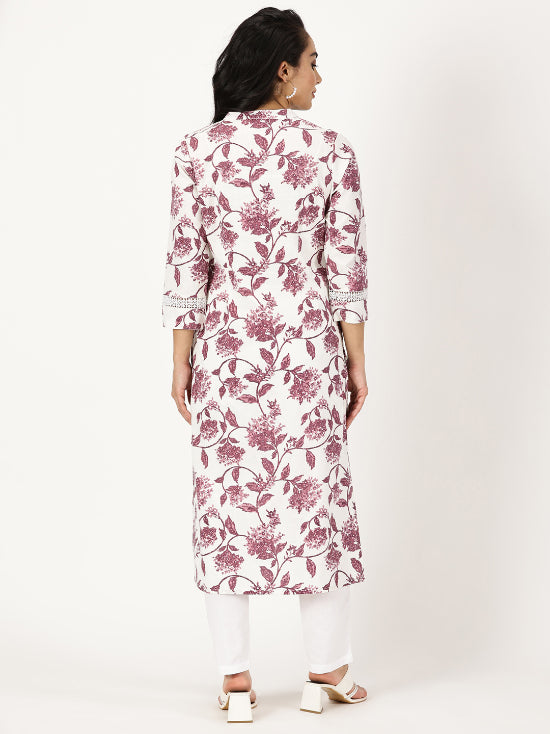 White-Wine Floral Print Kurta  with Neck Embroidery