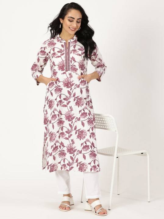 White-Wine Floral Print Kurta  with Neck Embroidery
