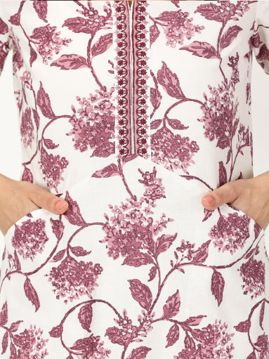 White-Wine Floral Print Kurta  with Neck Embroidery