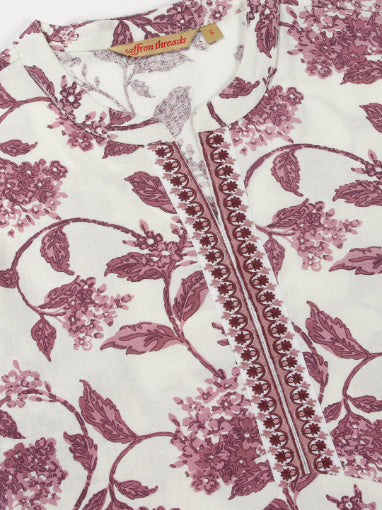 White-Wine Floral Print Kurta  with Neck Embroidery