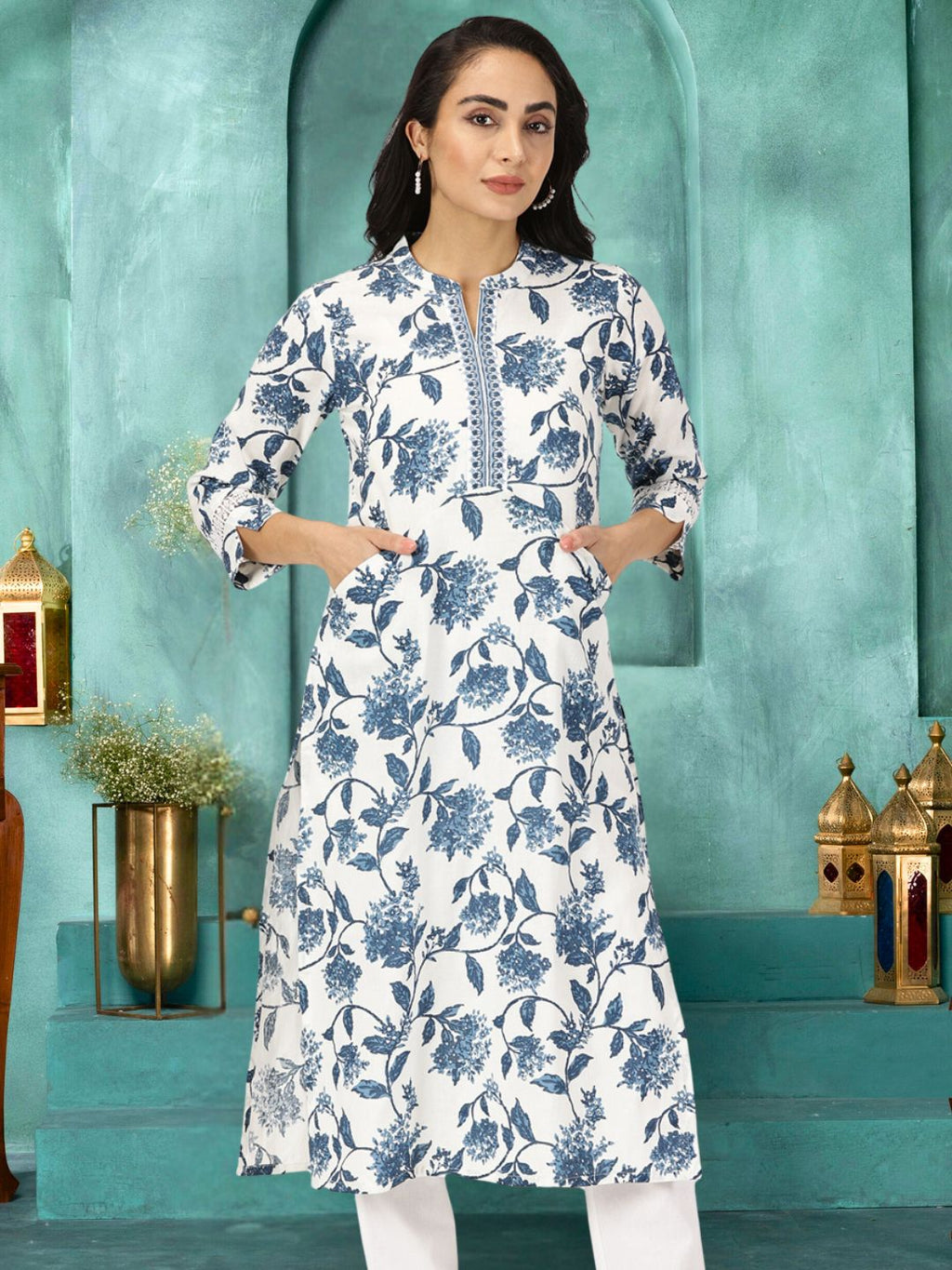 White-Blue Floral Print Kurta with Neck Embroidery