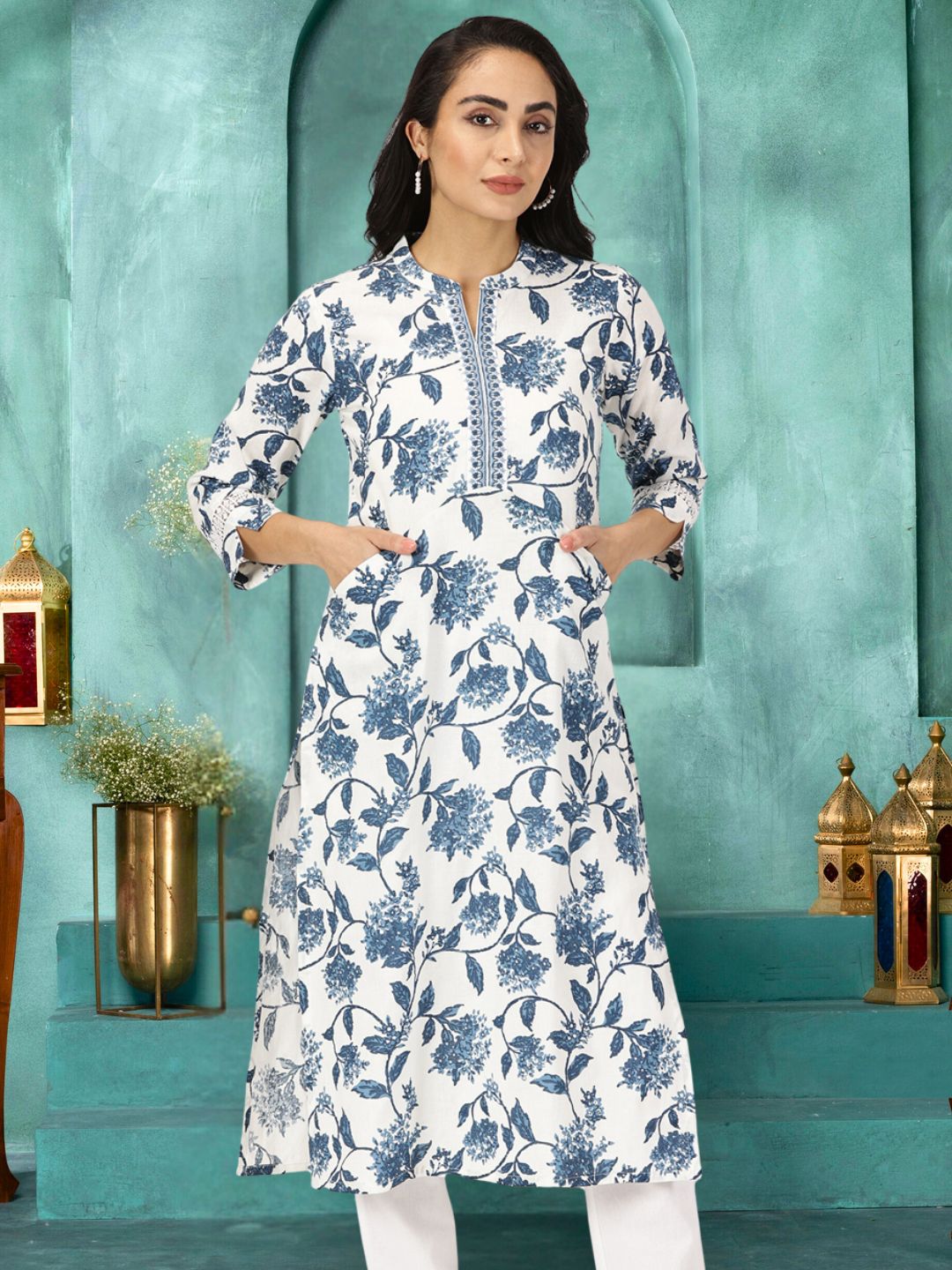 White-Blue Floral Print Kurta with Neck Embroidery
