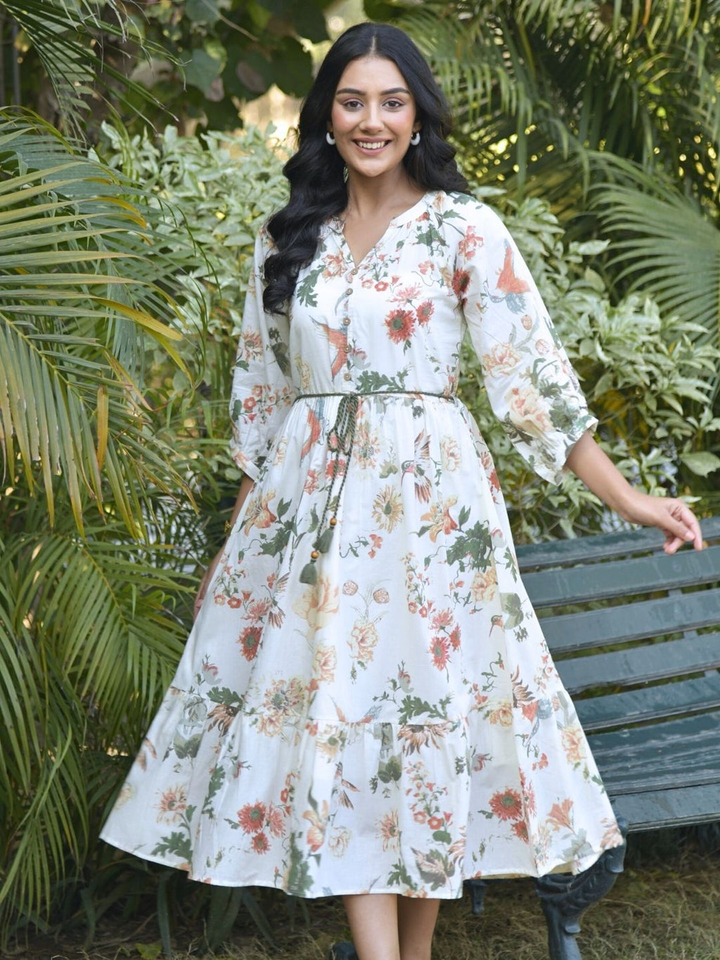 Off White Tropical Print Boho Midi Dress – Saffron Threads Off White Tropical Print Boho Midi Dress – Saffron Threads