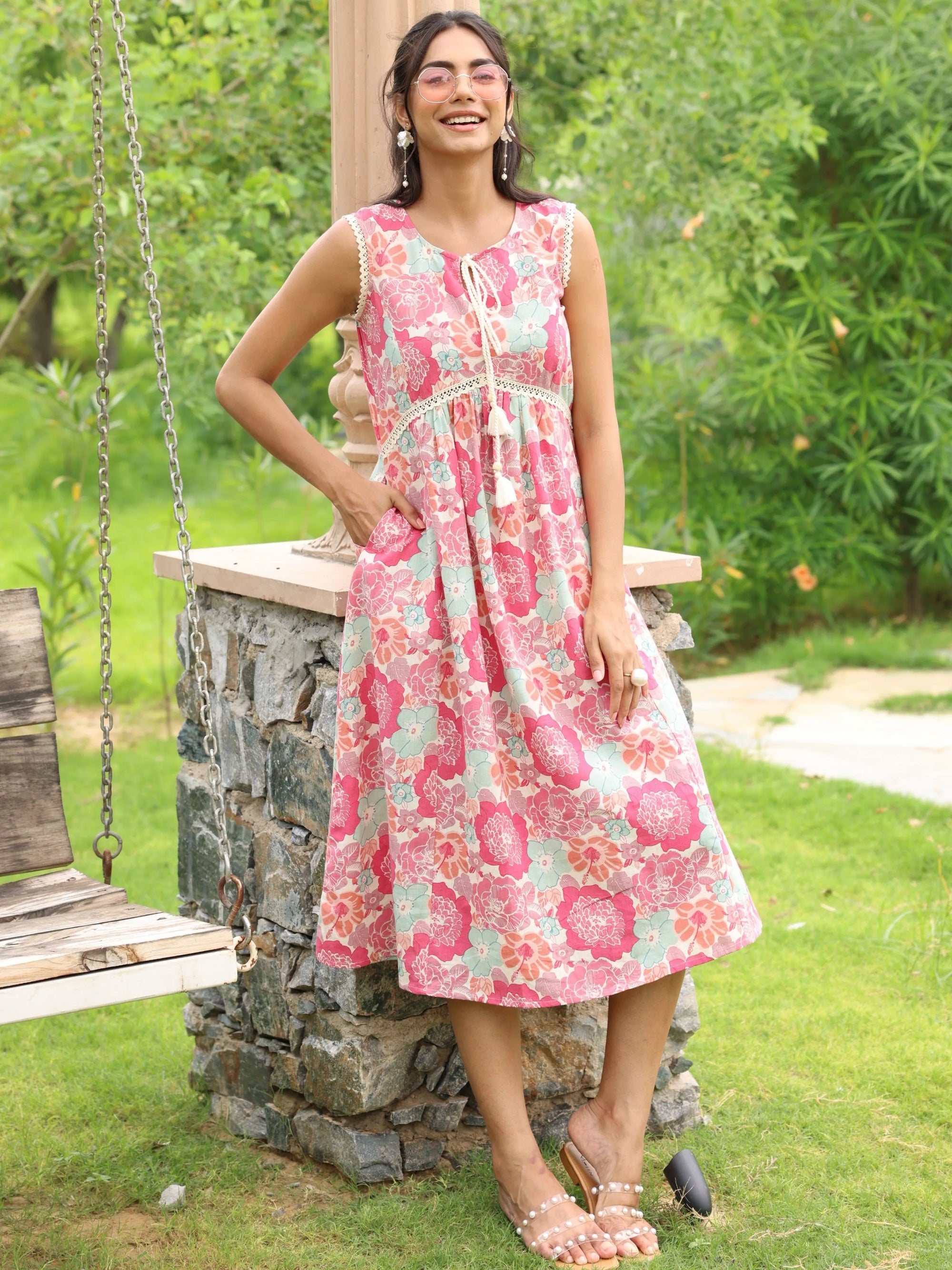 Pink Floral Printed Dress with Braided Neck Tie-up and Lace inserts