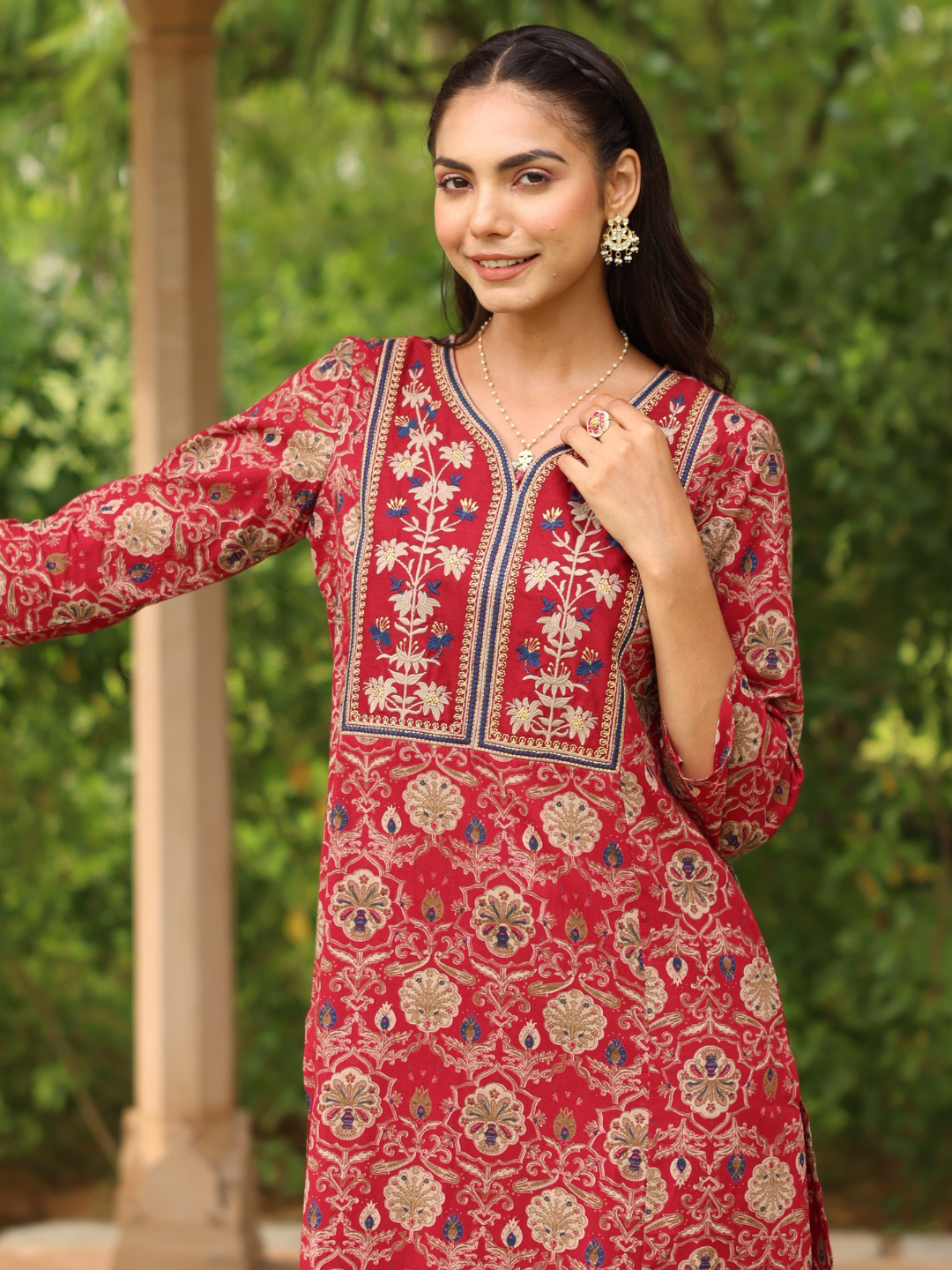 Maroon Ethnic Motifs Printed Cotton Kurta with Neck Embroidery