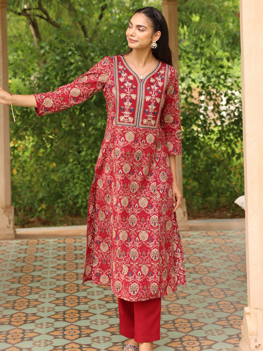 Maroon Ethnic Motifs Printed Cotton Kurta with Neck Embroidery