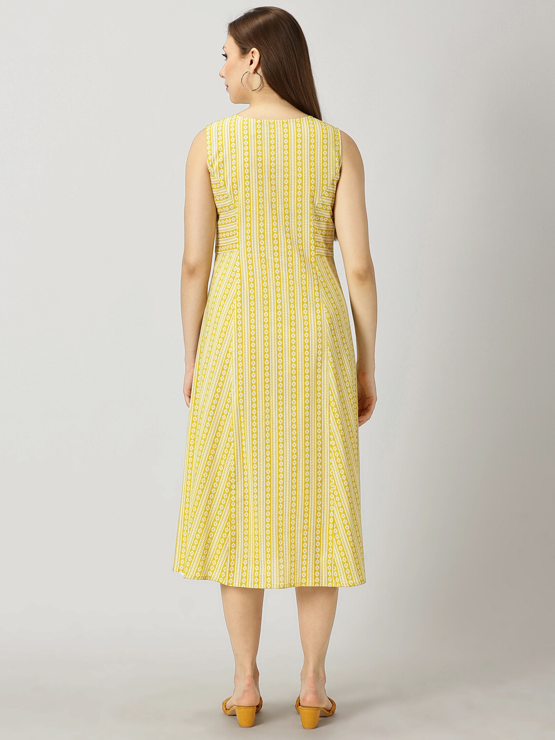 Yellow Panelled Printed Cotton A-line Dress