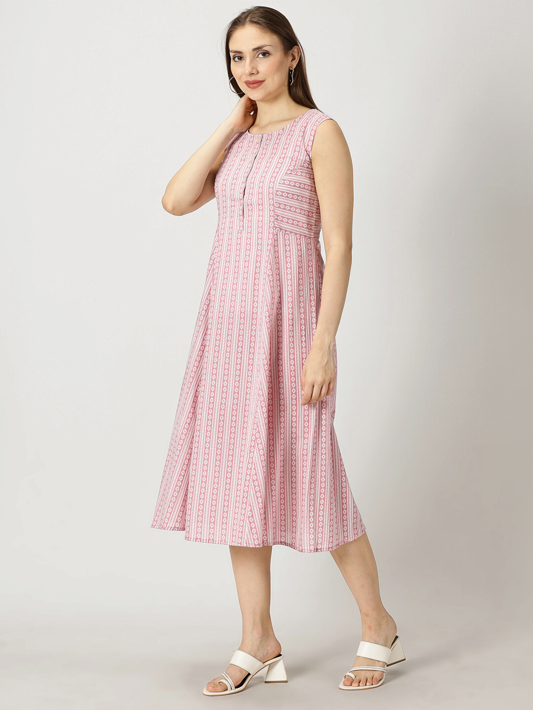 Pink Panelled Printed Cotton A-line Dress