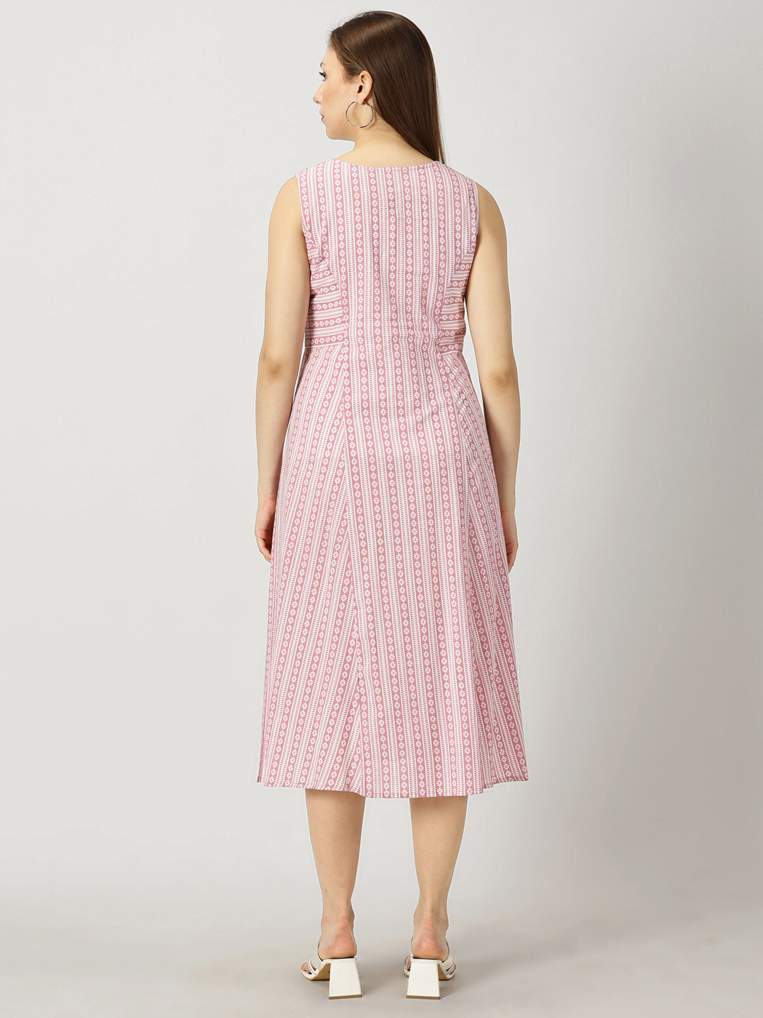 Pink Panelled Printed Cotton A-line Dress