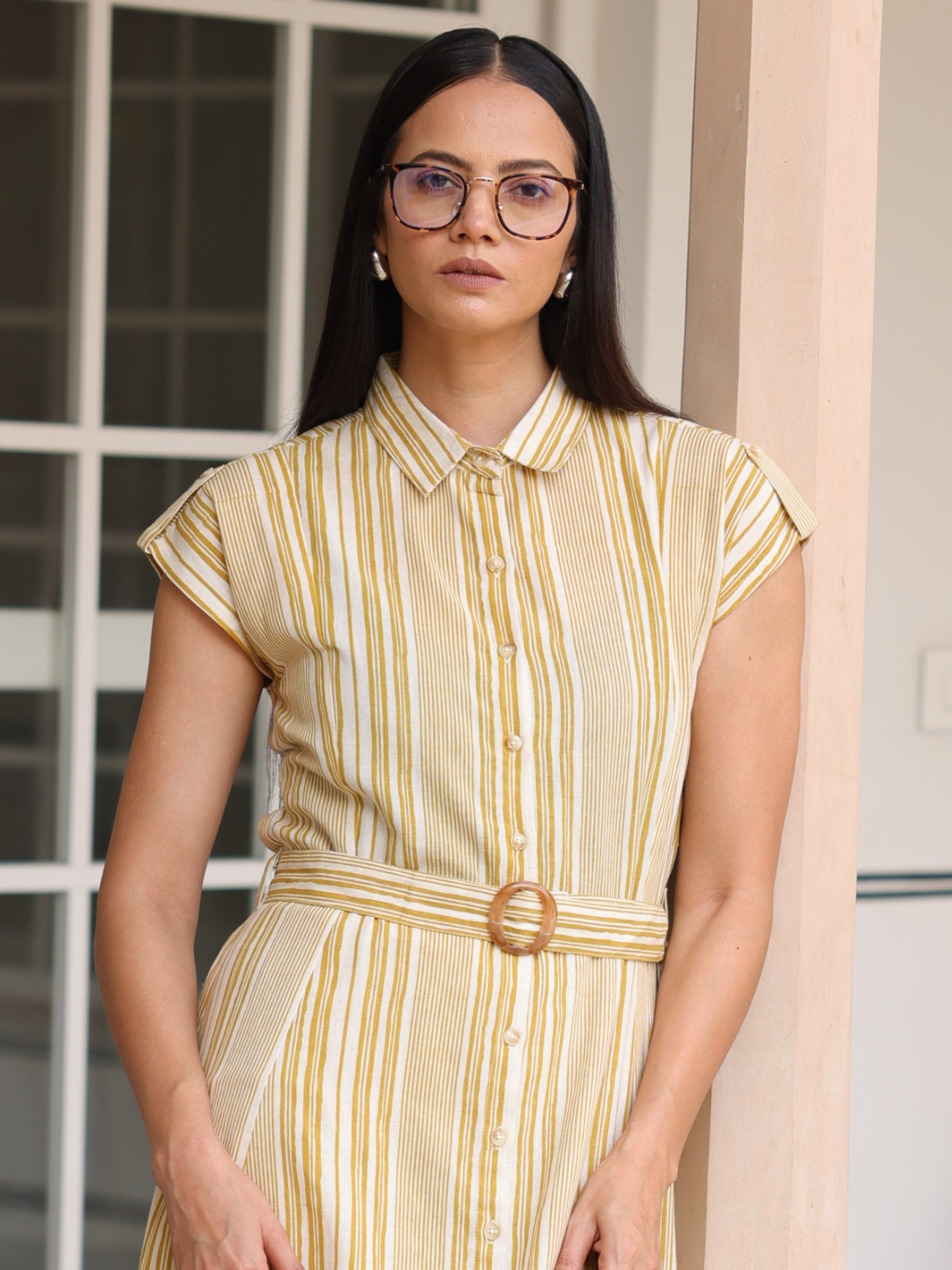 Yellow Striped Print Cotton Flax Dress With Belt Buckle