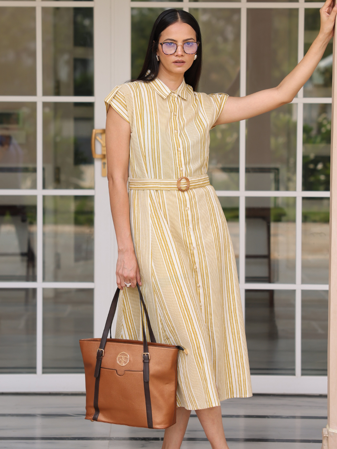 Yellow Striped Print Cotton Flax Dress With Belt Buckle