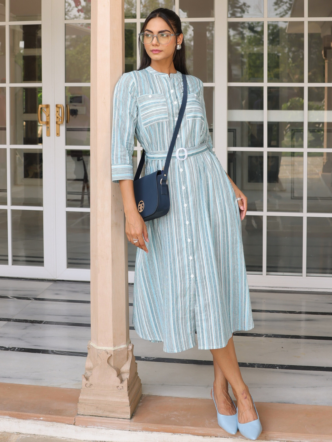 Blue Striped Print Cotton Dress with Belt Buckle