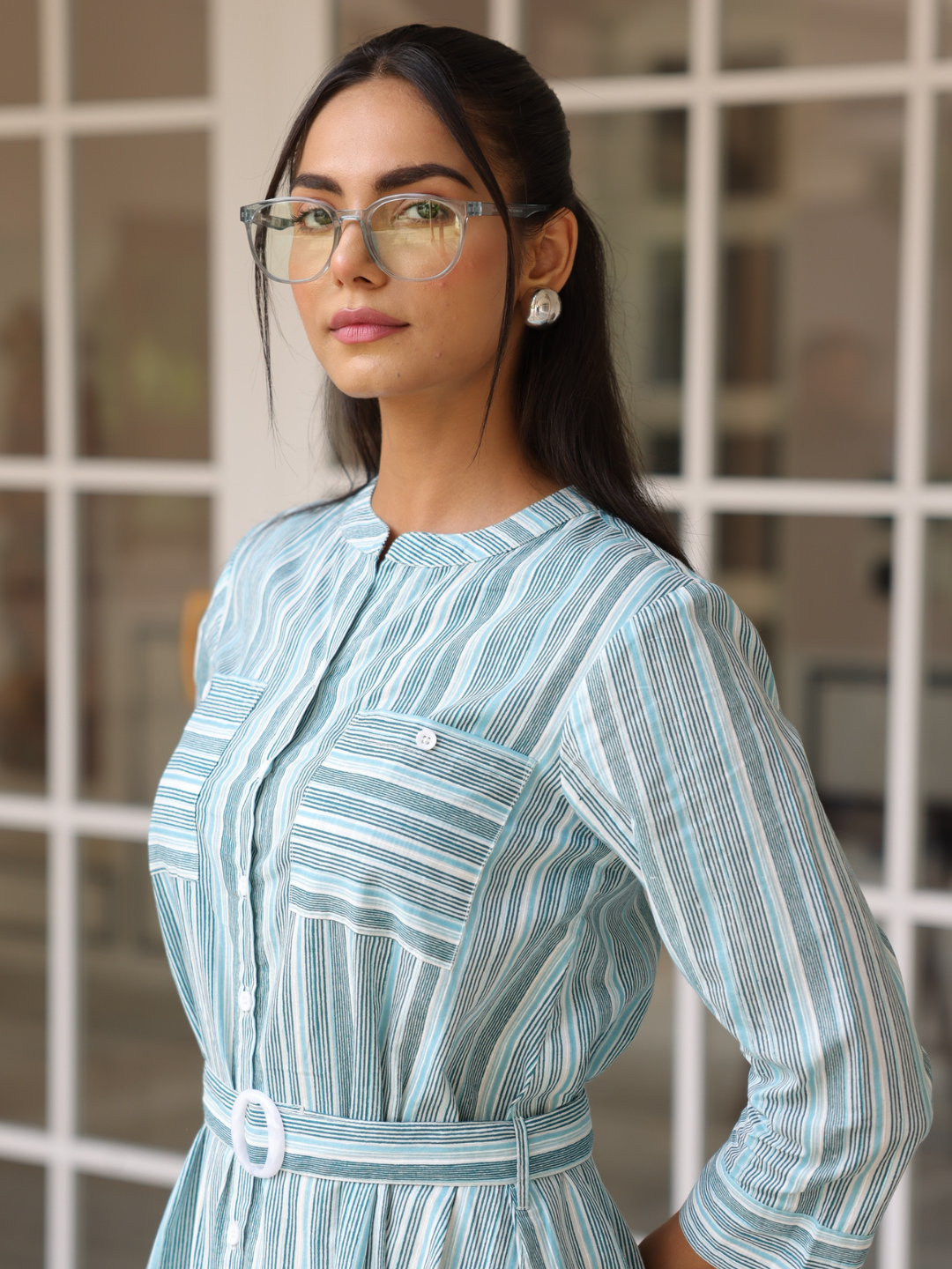 Blue Striped Print Cotton Dress with Belt Buckle