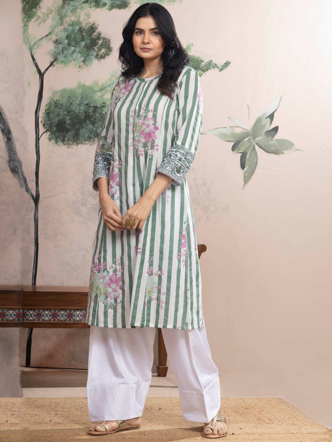 Soft White Cotton Kurta with Forest Green Stripes & Floral Print
