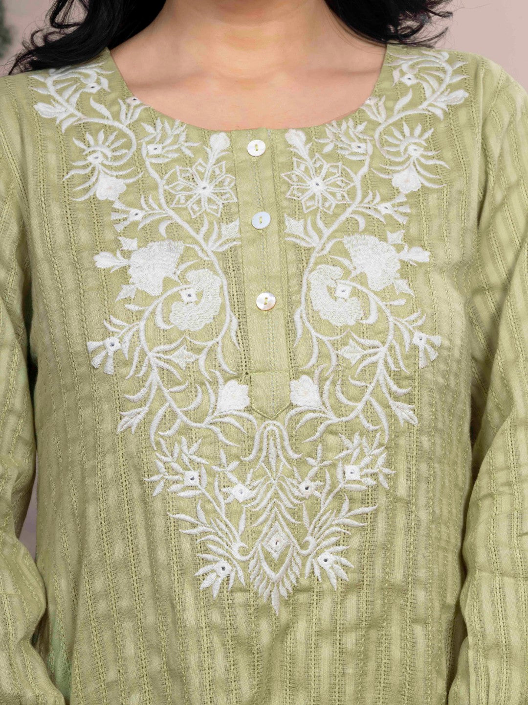 Mint Meadow Cotton Leno Stripe Embroidered Kurta Set with Palazzo