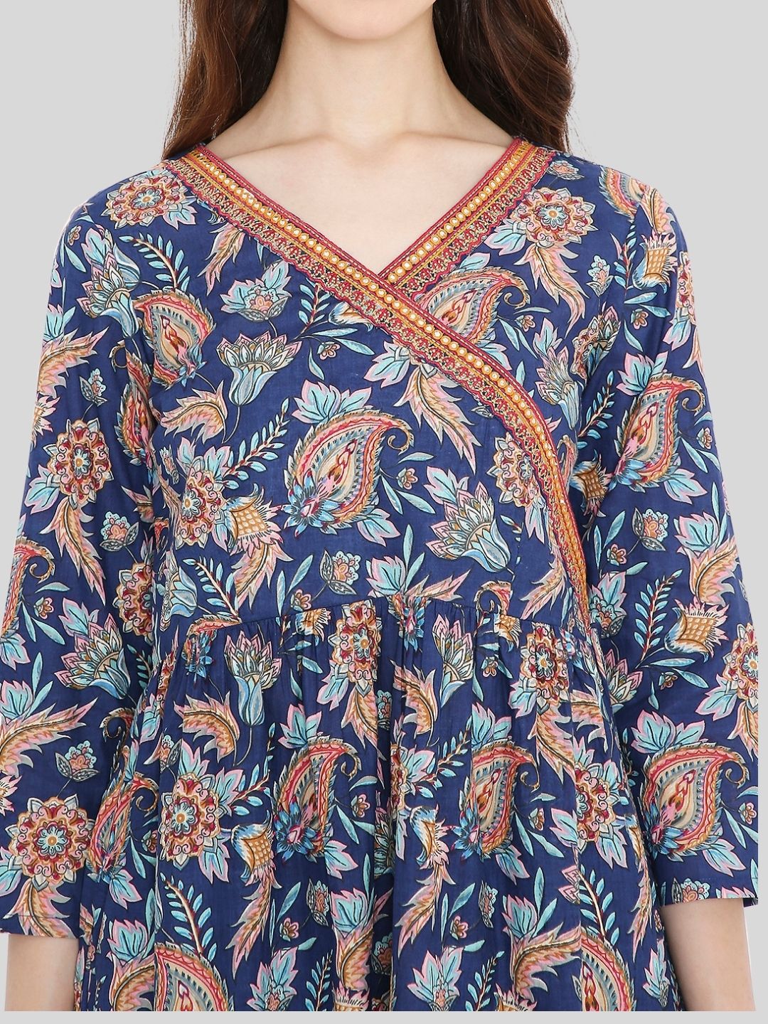 Navy Blue Paisley Print Angrakha Kurta with Mirror Embroidery and Gathers