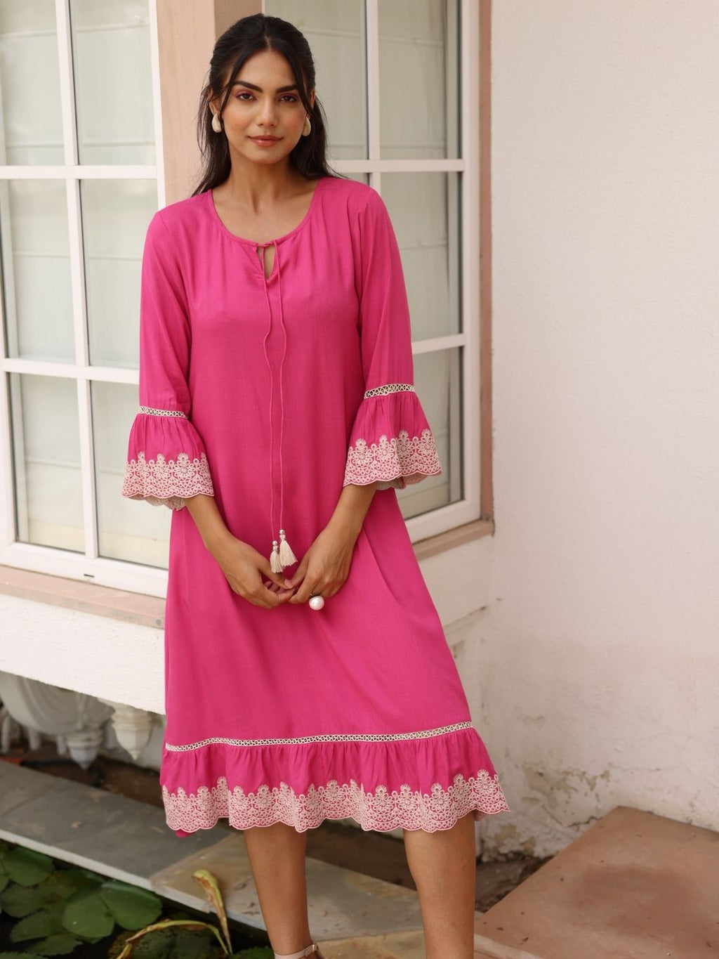 Pink Solid Dress with Lace Embroidered Details