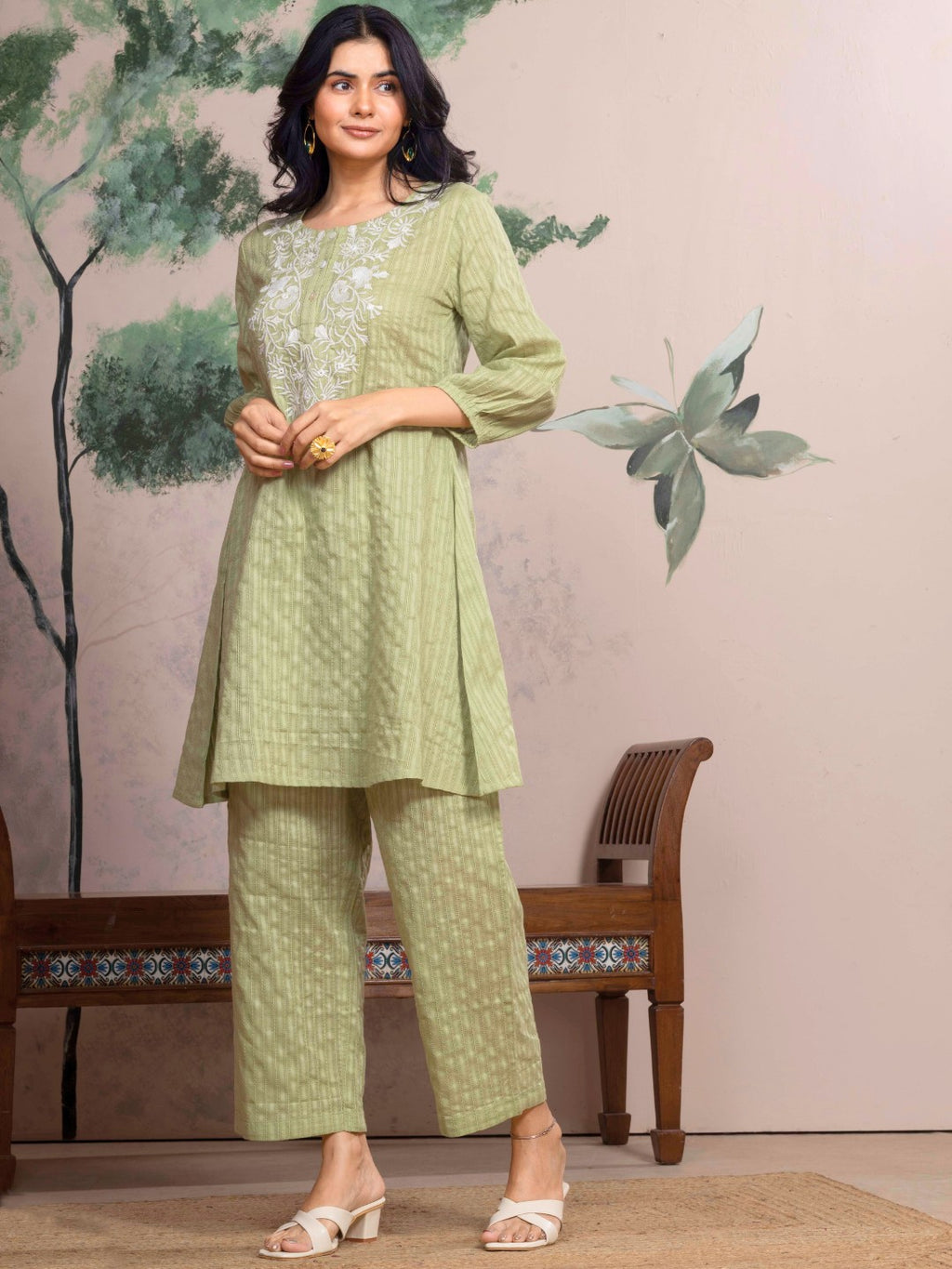 Mint Meadow Cotton Leno Stripe Embroidered Kurta Set with Palazzo