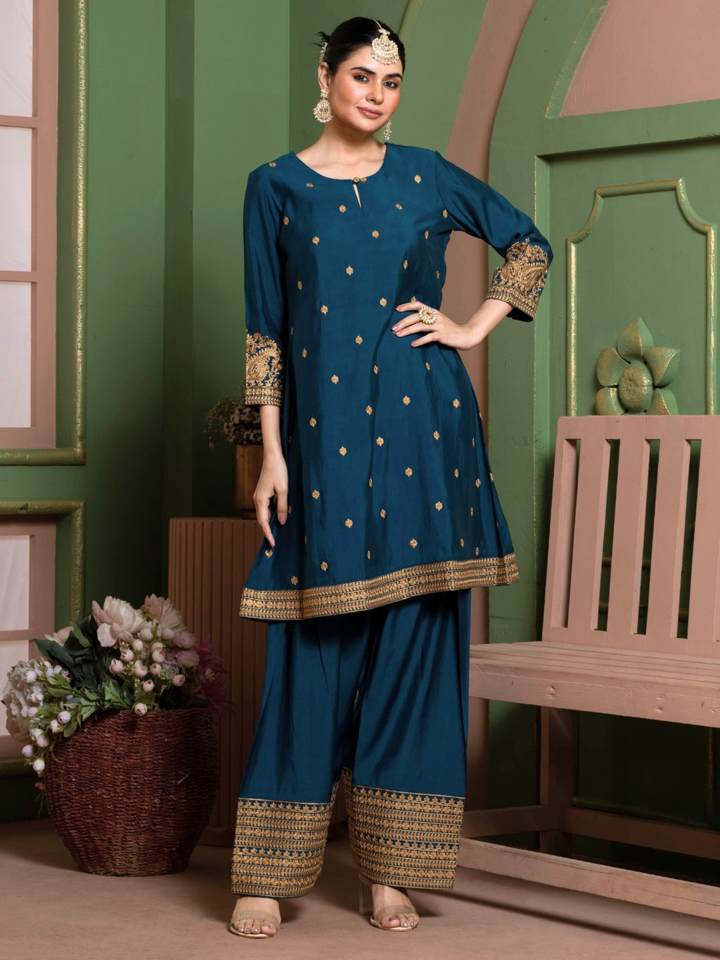 Midnight Teal Kashida Embroidered A-Line Kurta with Farshi Salwar and Dupatta