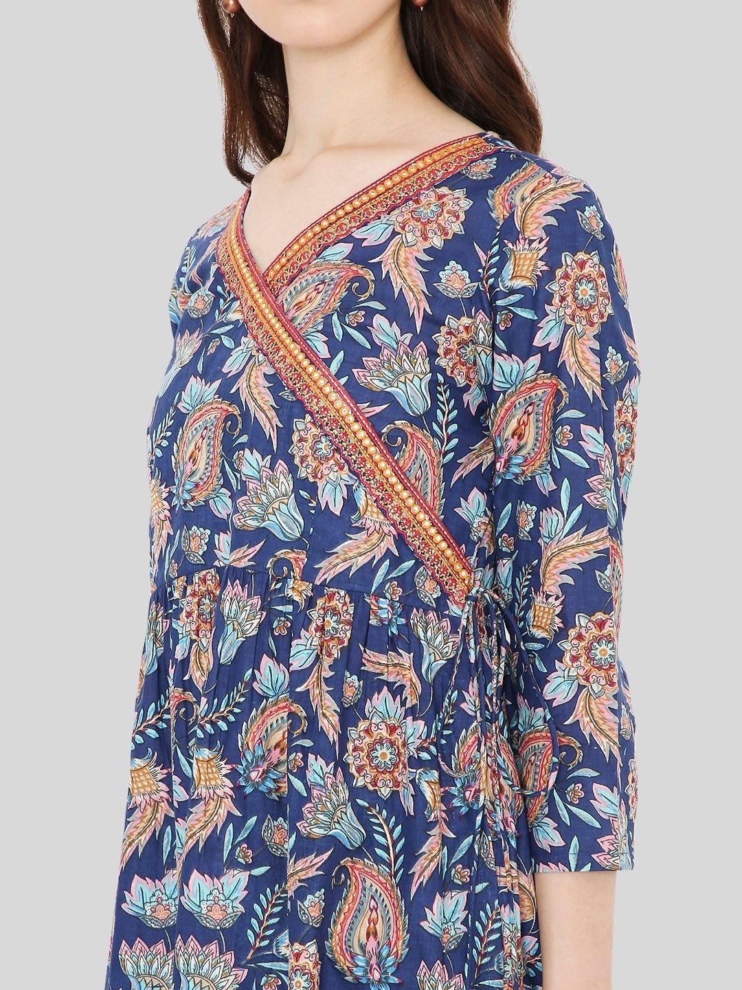 Navy Blue Paisley Print Angrakha Kurta with Mirror Embroidery and Gathers