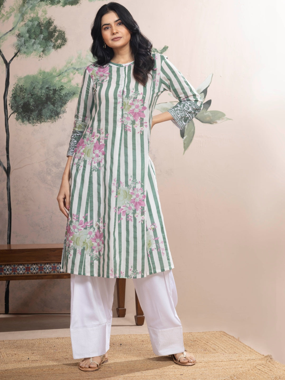 Soft White Cotton Kurta with Forest Green Stripes & Floral Print