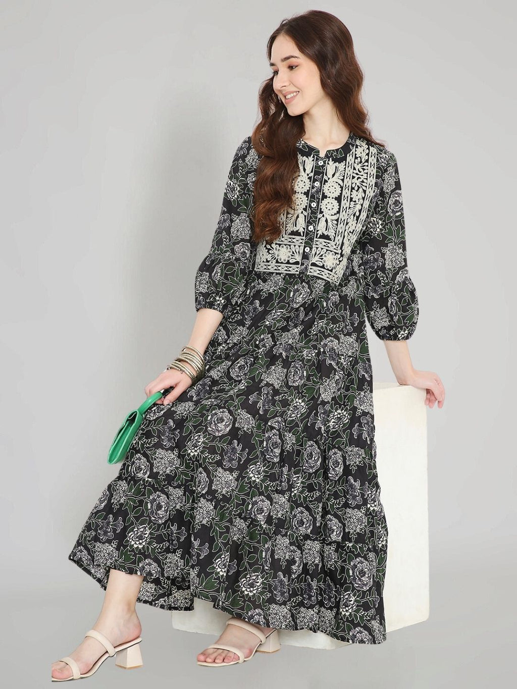 Black Cotton Tiered Midi Dress