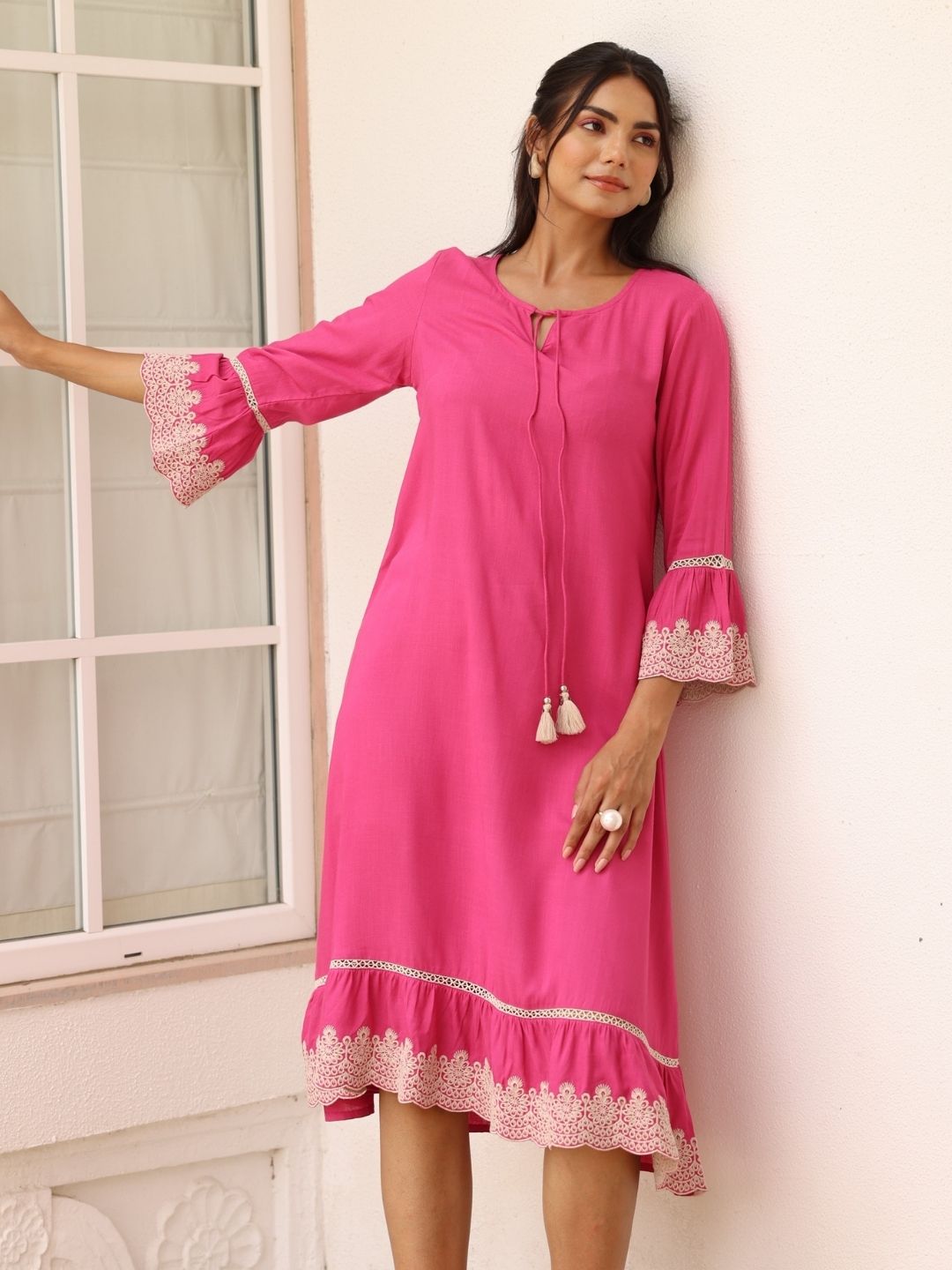 Pink Solid Dress with Lace Embroidered Details – Saffron Threads