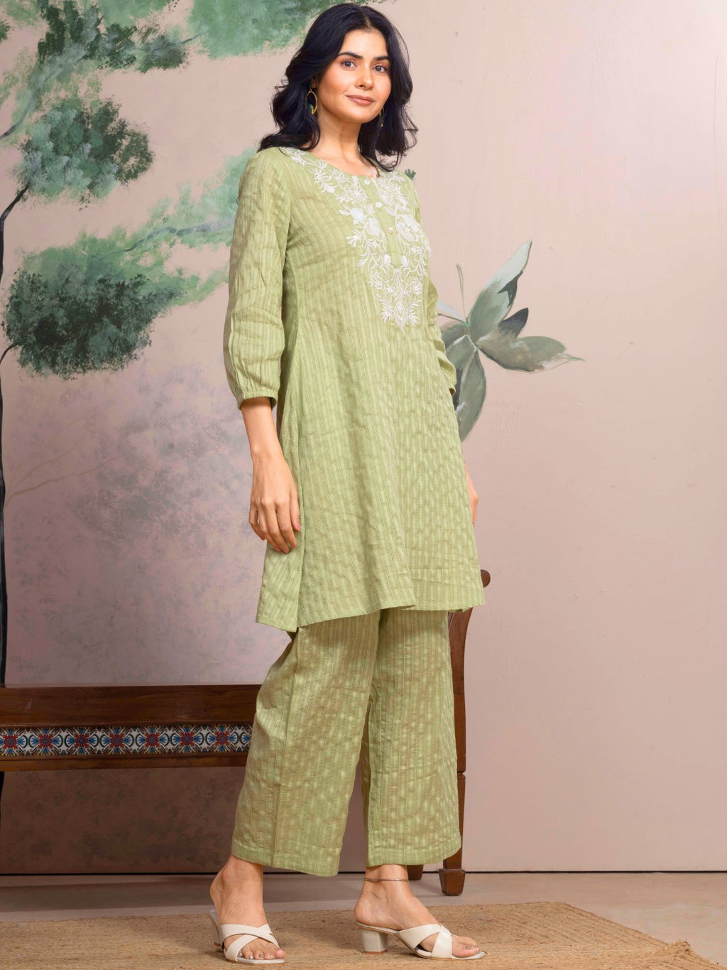 Mint Meadow Cotton Leno Stripe Embroidered Kurta Set with Palazzo