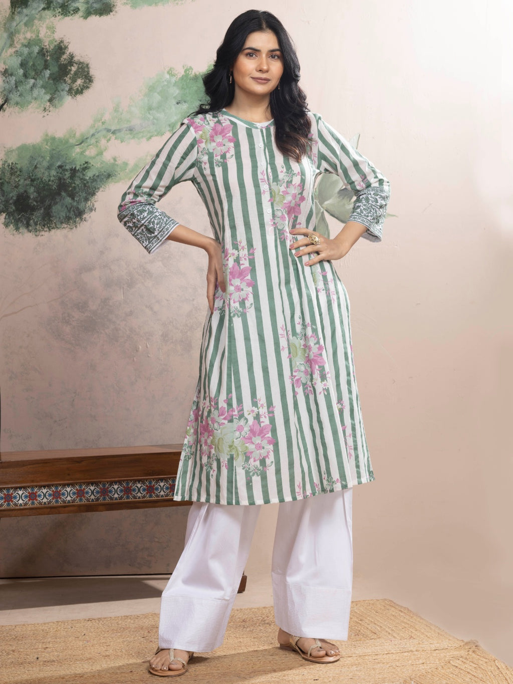 Soft White Cotton Kurta with Forest Green Stripes & Floral Print
