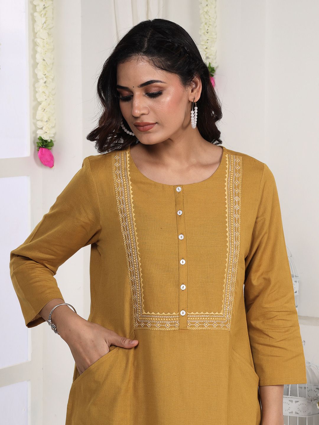 Caramel Mustard Embroidered Straight Fit Kurta