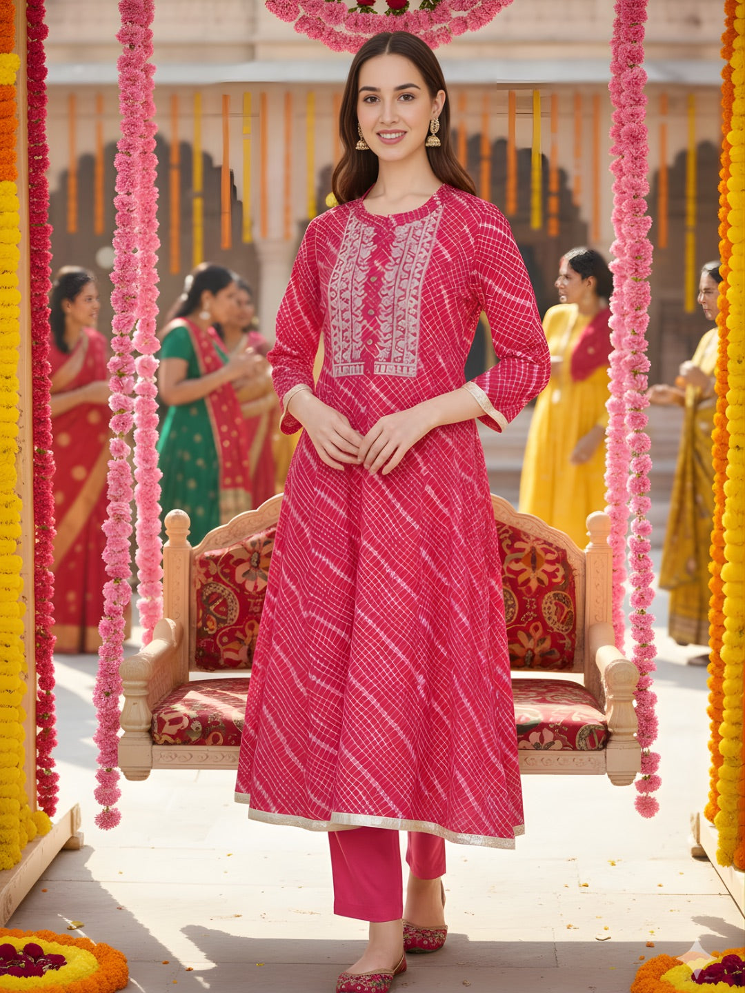 Pink Leheriya Print Kurta with Mirror Work and Yoke Embroidery