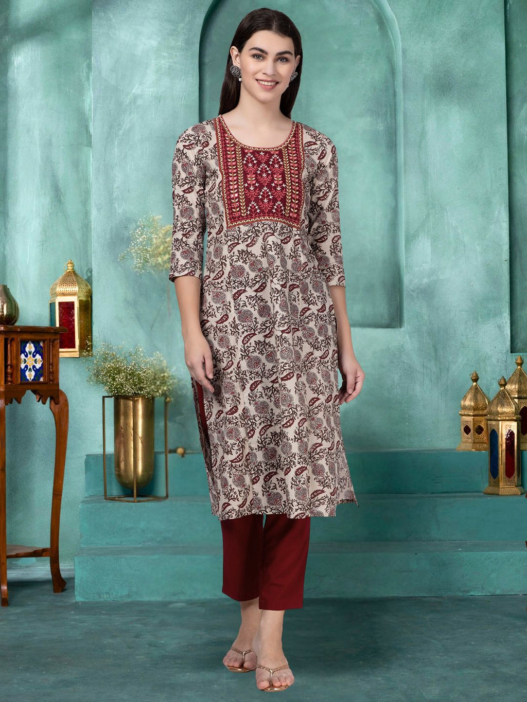 Maroon Paisley Print Kurta with Yoke Embroidery