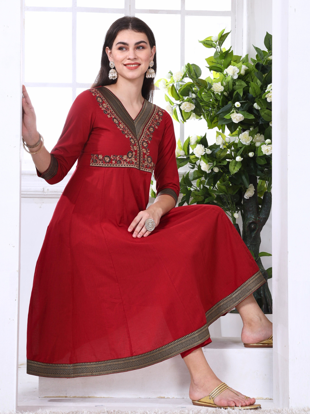 Red Cotton Embroidered Kurta Set with Brocade Lace and Neck Embroidery