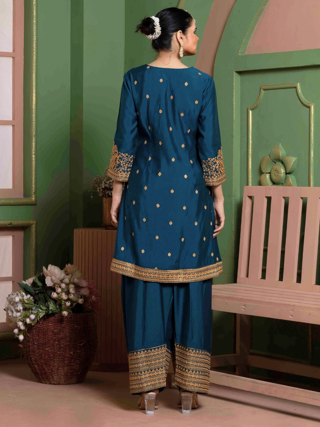 Midnight Teal Kashida Embroidered A-Line Kurta with Farshi Salwar and Dupatta