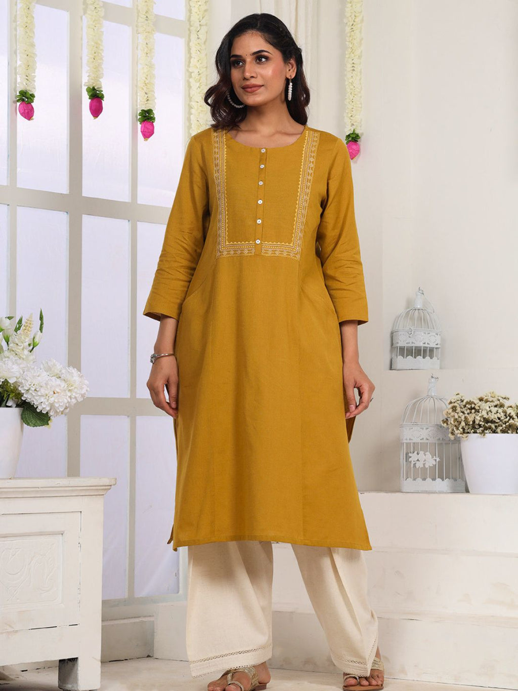 Caramel Mustard Embroidered Straight Fit Kurta