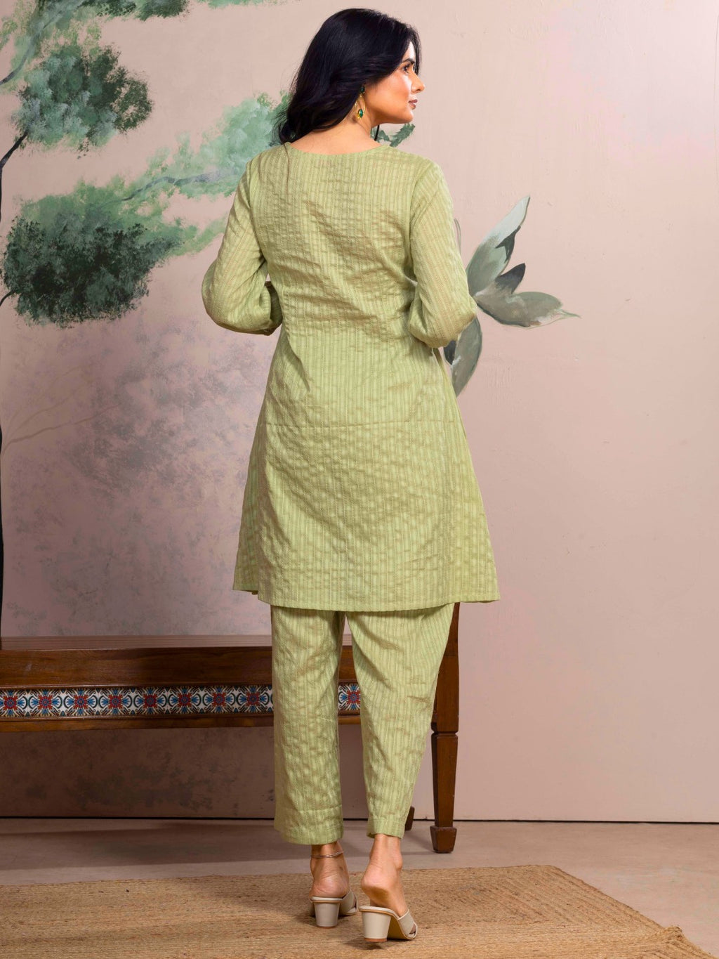 Mint Meadow Cotton Leno Stripe Embroidered Kurta Set with Palazzo
