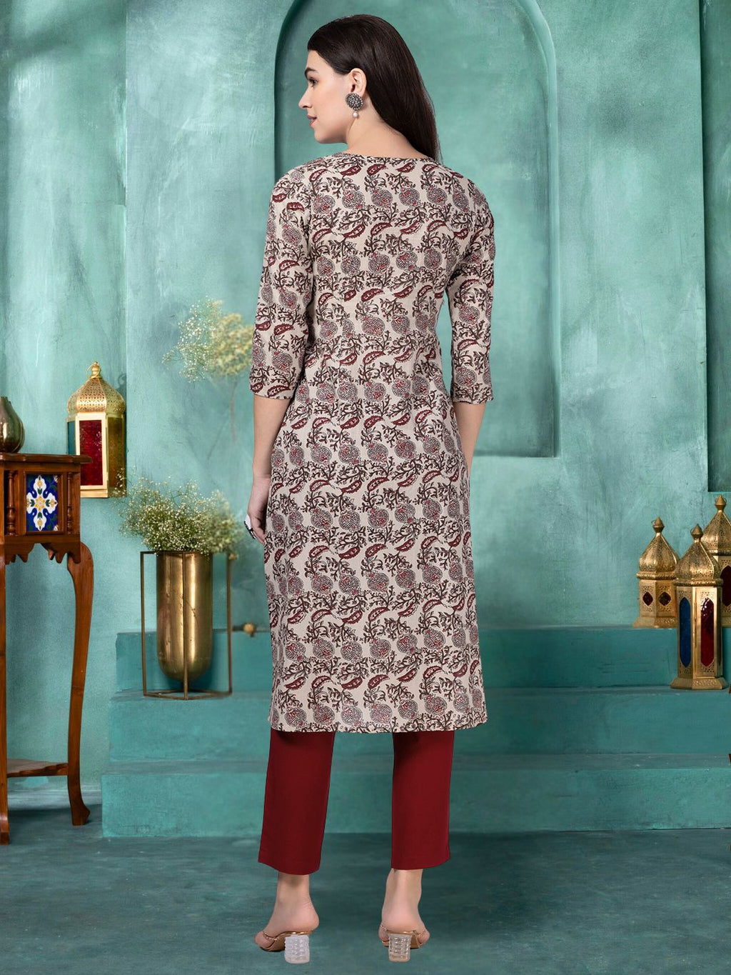Maroon Paisley Print Kurta with Yoke Embroidery