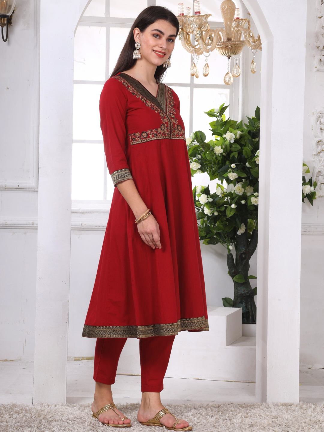 Red Cotton Embroidered Kurta Set with Brocade Lace and Neck Embroidery