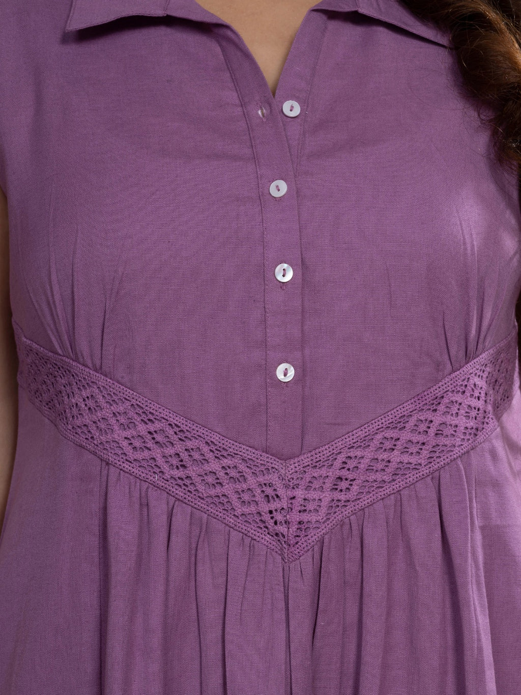 Mauve Sleeveless Cotton Linen Dress with Collar & Lace Panel
